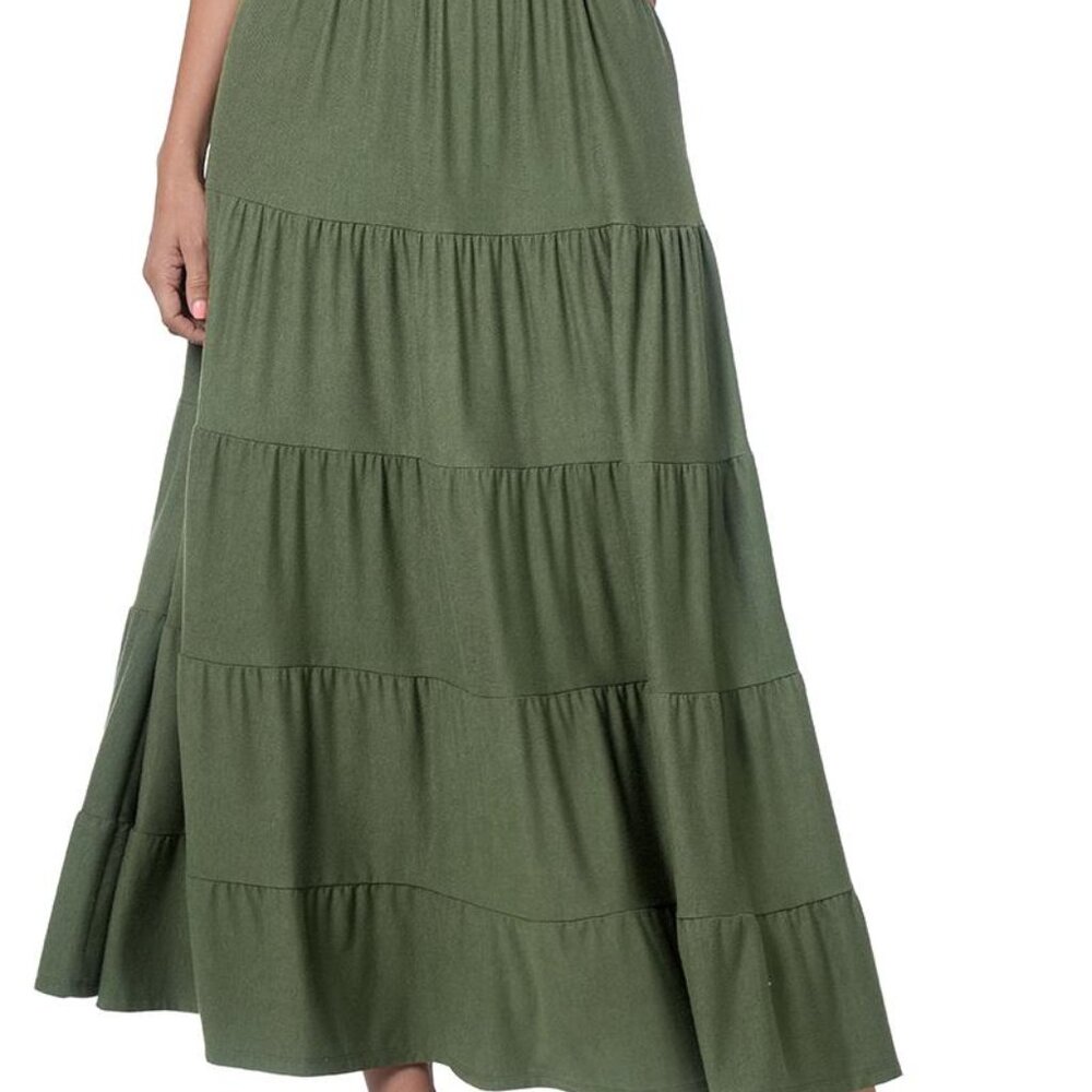Zenana Maxi Skirt Womens Plus Size Tiered Raw Hem Plus Size 1X-2X - 3X Army Gree